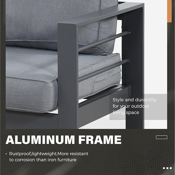Solaste Aluminum Patio Furniture Set, 4 Pcs Modern Outdoor Conversation Set Couch Sofa with Upgrade Cushion and Glass top Coffee Table,Grey
