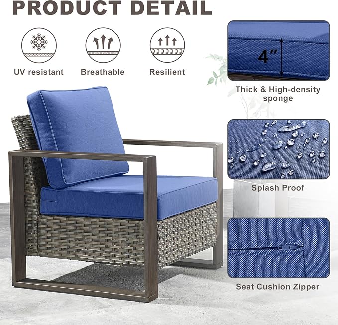 3 Piece Wicker Patio Furniture Set,Patio Bistro Set with 2 Rattan Armrest Chairs and 1 Side Table,Sturdy Frame,All-Weather PE Wicker,Wide Armrest,Deep Seating and Thick Cushions(Mixed Grey/Blue)