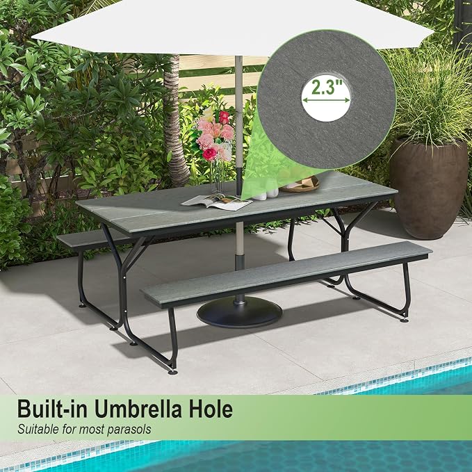 Tangkula 6 Ft HDPE Picnic Table, Plastic Picnic Table with 2 Benches, Umbrella Hole, Heavy-Duty Metal Frame, 8 Adjustable Foot Pads, 6-8 Person Outside Table Bench Set, 2550 lbs Capacity