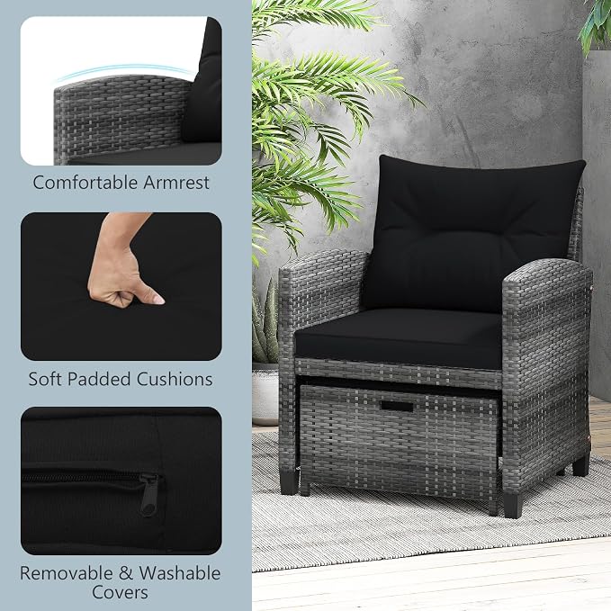 ORALNER 5 Pieces Patio Furniture Set with Ottoman, Wicker Conversation Set w/Cushions, Glass Coffee Table, Outdoor Lounger Rattan Chairs Bistro Set for Porch Balcony Garden Deck Poolside (Black)