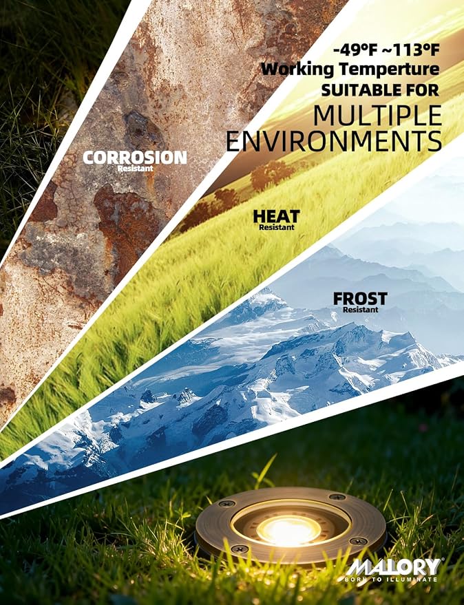 MALORY Brass Landscape Well Lights, (φ99 mm) 12V Low Voltage Outdoor In Ground Lights,Landscape Lighting for Pathway, Driveway, Garden 1 Pack with Bulb (Full Brass -01A, 10-Pack with Bulb)