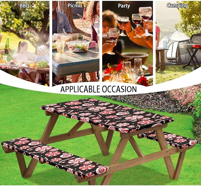 Christmas Candy Cane Picnic Table Cover with Bench Covers Camping Essentials Outdoor Table and Chairs Decorative Sets Flexible Picnic Table 3 Piece Set Suitable for BBQ Picnic Party Camping