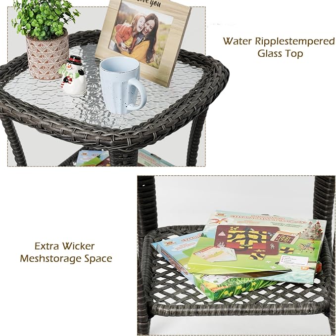 Outdoor Wicker Coffee Table Set of 2, 2-Tier Sturdy Patio Table with Tempered Glass Small Outdoor Wicker Side Table with Storage Shelf for Patio,Balcony & Porch,with PE Rattan & Iron Frame