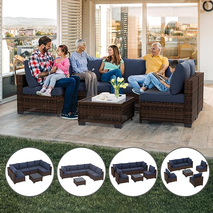 7 Pcs Patio Furniture Set, All-Weather Wicker Sofa Brown & Blue | Weather Resistant PE Rattan | Thick Cushions | Removable Easy Clean | 450 lbs | Ideal for Backyards, Poolside, Balcony