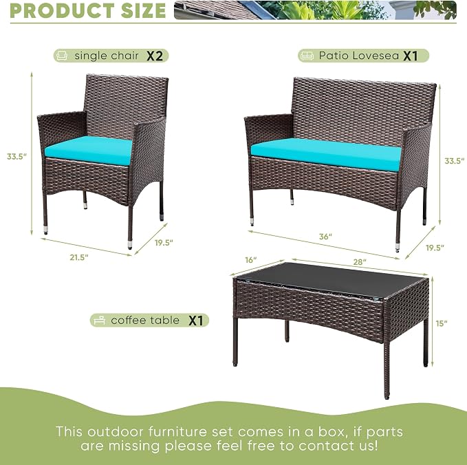 Greesum Patio Furniture 4 Pieces Conversation Sets Outdoor Wicker Rattan Chairs Garden Backyard Balcony Porch Poolside loveseat with Cushion and Glass Table, Brown and Blue
