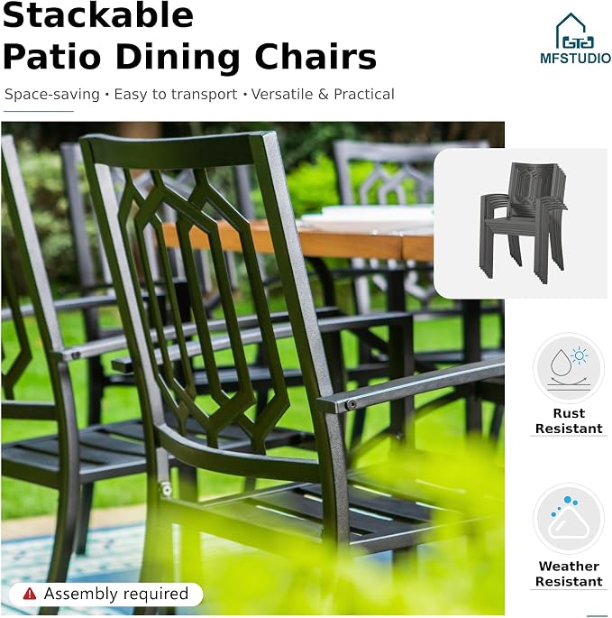 MFSTUDIO Patio Table and Chairs Set of 6, Outdoor Dining Set with Umbrella Hole, 7 Piece Metal Outdoor Patio Furniture Set for Deck, Backyard, Poolside & Garden