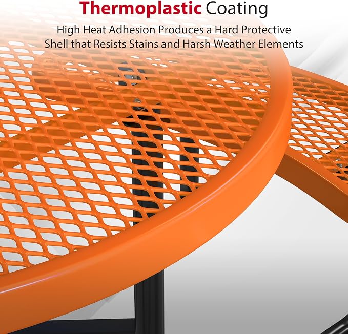 Leisure Craft Metal Picnic Table with Bench - 46" Round Outdoor Dining Table with Umbrella Hole, Heavy Duty Thermoplastic Coating, ADA Compliant, Commercial Grade Furniture Made in USA - Orange
