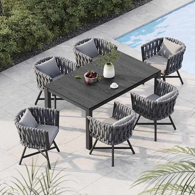 Grand patio 7-Piece Outdoor Dining Set for 6, Patio Dining Furniture Set for 6 Swivel Rope Wicker Chairs & 1 Straight Legs Rectangular Dining Faux Woodgrain Table with Umbrella Hole, Dark Gray