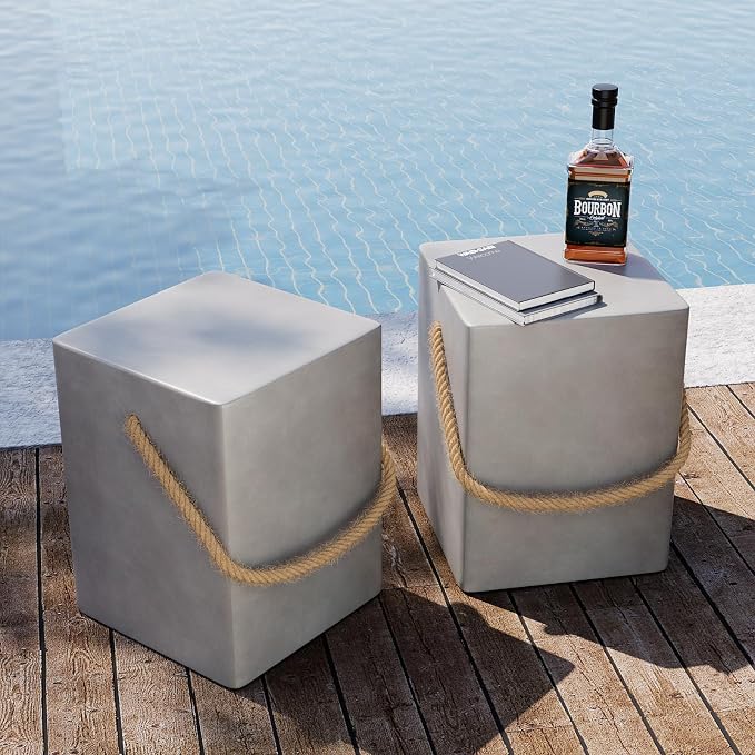 SUNBURY Concrete Side Table Set of 2, Outdoor Side Table for Patio, 18" H Outdoor Accent Table w Hemp Rope, Patio Side Table End Table in Medium Gray, Ceramic Side Table Garden Stool Log Table