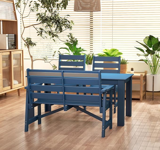 BRIOPAWS Outdoor-Dining-Table-Set | 4 Piece | HDPE | 1 Bench and 2 Chairs Sets for 4 | Patio Dinner Furniture | All Weather | Umbrella Hole | for Poolside Deck Backyard Outdoors | Blue