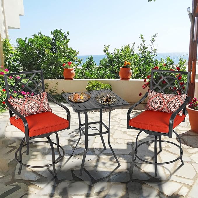 Patio Bar Table, Outdoor Bar Height Bistro Table with Umbrella Hole, Metal Frame and Slat Design (Black)