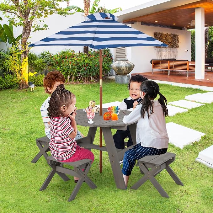HONEY JOY Kids Picnic Table, Fir Wood Octagon Table & 4 Stool Set, Stripe Fabric Umbrella, Toddler Picnic Table for Outdoors, Children Backyard Furniture for Patio Garden(Gray)