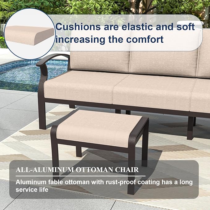 Kurapika Aluminum Patio Furniture Set 5-Seat Modern Outdoor Conversation Sets w/2 Ottomans with Rectangular Coffee Table, Sand