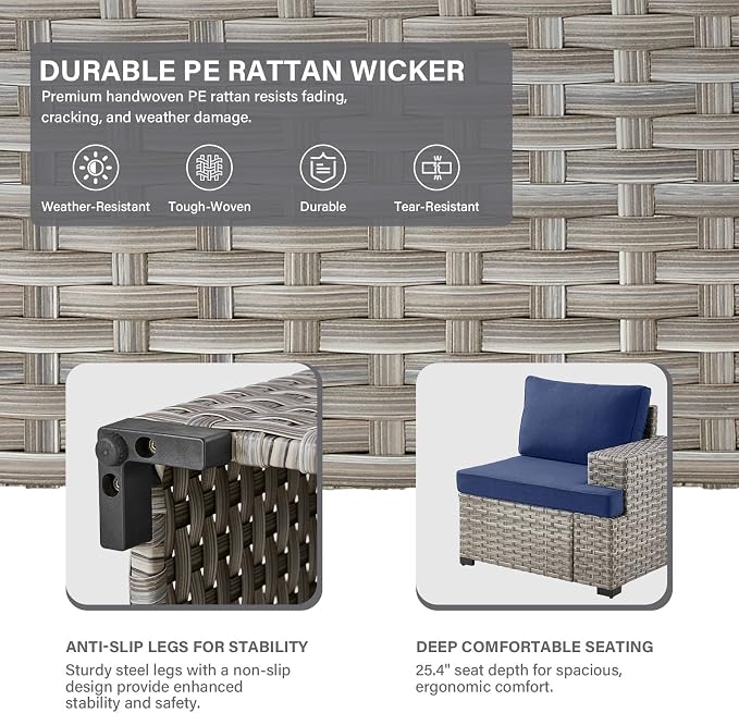 Modular Outdoor Couch Wicker Patio Sofa - High Backrest Wicker Sofa with Removable 4” Cushions All-Weather 3 Seater Seating Patio Couch for Deck Proch Balcony Backyard