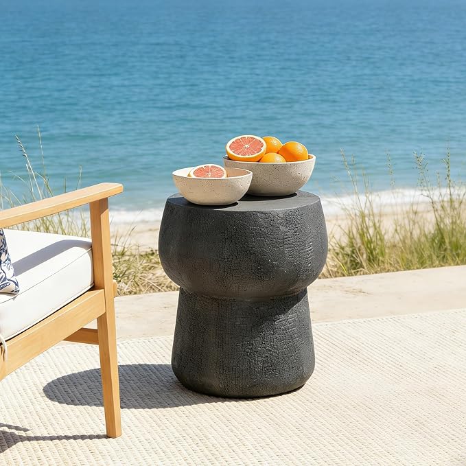 Outdoor Patio Accent Table with Crack Process, Morden Concrete Coffee Table with Double Barrel Shape Outdoor Side Table, Garden Stoolsl for Patio,Garden, Backyard Black