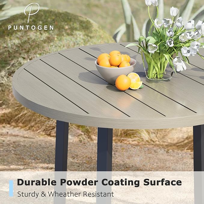 Outdoor Round Dining Table for 6, 47" Large Metal Wrought Iron Metal Table with Umbrella Hole, All Weather Patio Furniture for Deck, Yard, Porch - Honey Oak