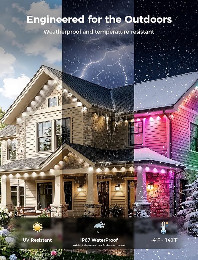 CDN Eaves Permanent Outdoor Lights, 150FT RGB+IC Outdoor Decor Light with 111+ Scene Modes, 90 LED Lights, Smart APP & Remote Control, Waterproof Permanent Light for Daily Holiday Decorations