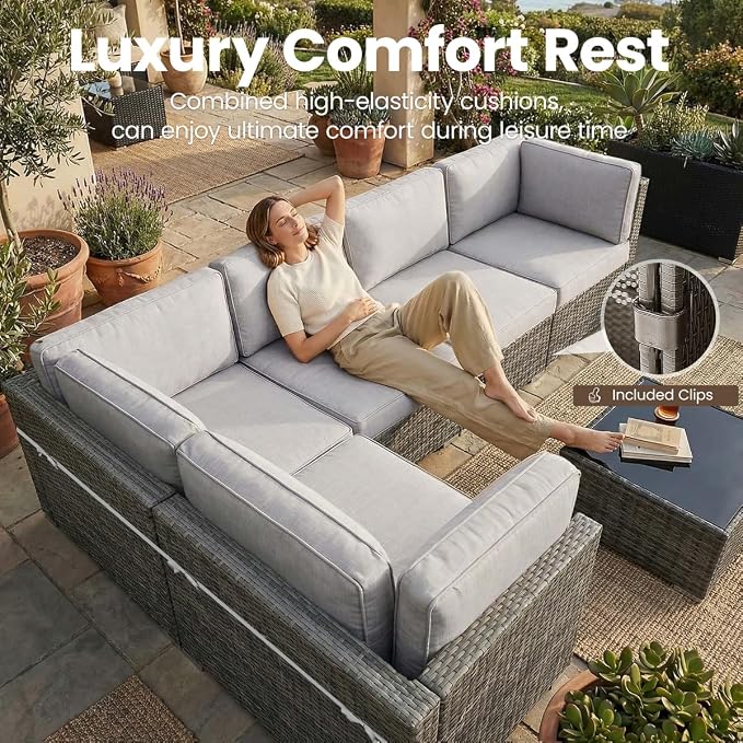 10 Pieces Patio Furniture Set with 44" Propane Gas Fire Pit Table, Outdoor Sectional Wicker Conversation Sofa Sets with Coffee Table