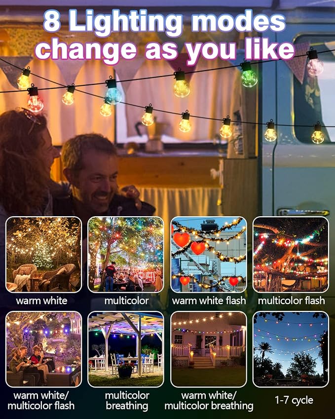 FREECUBE 50FT Solar String Lights Outdoor Waterproof, 25LEDs G40 Globe Shatterproof Bulbs,Warm White & Multicolor,8 Modes,Timer, Solar Powered Patio Lights for Backyard, Porch, Garden, Wedding Decor