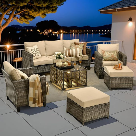6 Piece Wicker Patio Furniture Set with Solar Table, Beige | Outdoor Deep Seating Sofa Chair Ottoman, Solar Lights Table, All Weather Rattan, Modern Conversation Set, Porch Deck Backyard