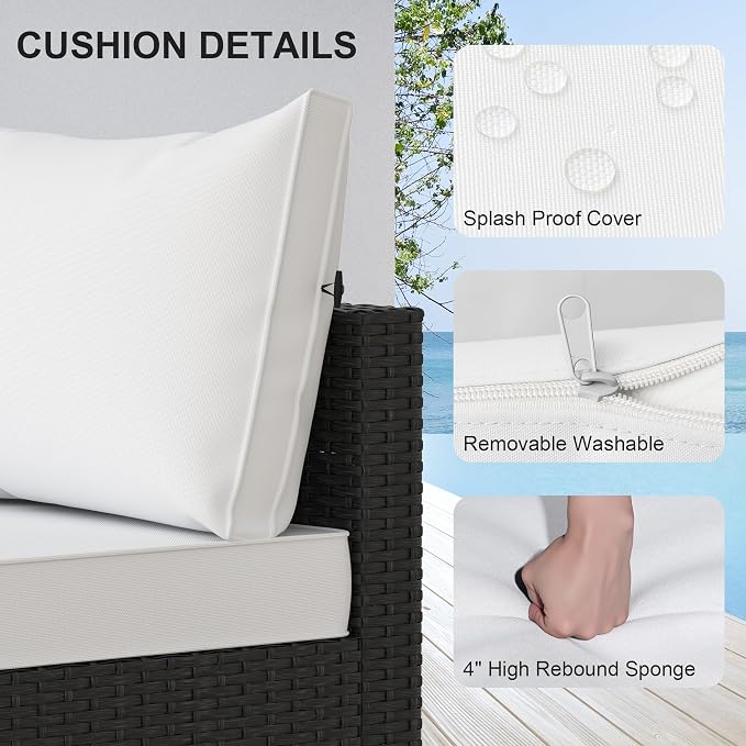 Patio Furniture Set, 5PCS Patio Sectional with Ottoman Wicker Rattan Outdoor Furniture with Thickened Cushion Modular Wicker Patio Conversation Set with Glass Top Table for Balcony, Backyard(White)