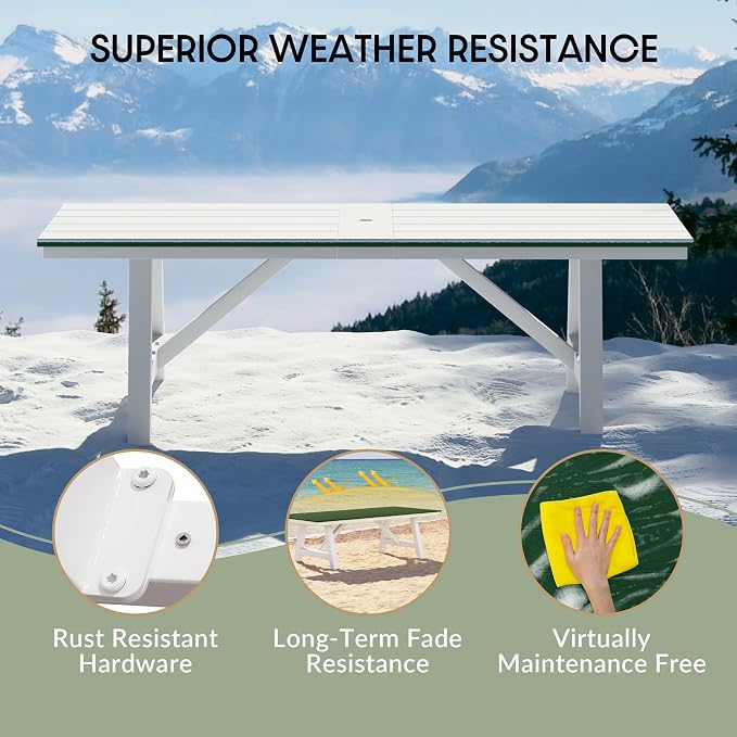 WestinTrends Cape May 90" HDPE Rectangle Outdoor Patio Dining Table with Umbrella Hole and Metal Frame, Dark Green