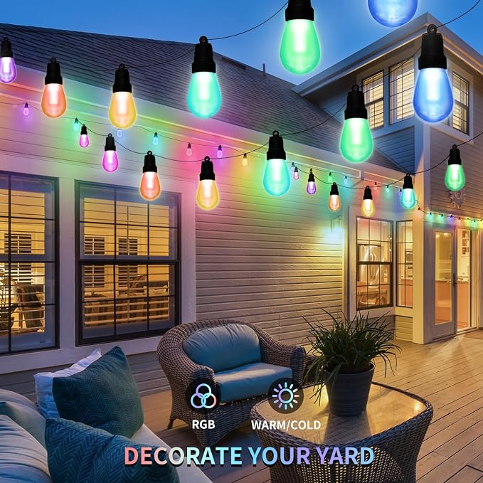 CAWWS Outdoor String Lights 27FT, Color Changing Patio Lights, Waterproof | 10 Shatterproof LED Bulbs, Multicolor & Warm White, Dimmable, IP67 Waterproof, APP & Remote, Custom Colors, 24V Low Voltage