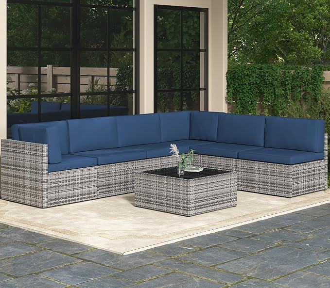 AECOJOY 7 Piece Outdoor Patio Furniture Set, Outdoor Sectional Conversation Furniture Chair with Coffee Table, Patio Sectional for Backyard, Garden(Navy Cushions and Grey PE Rattan)