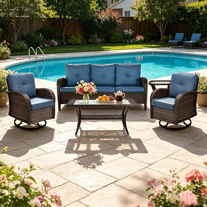 SHGJ&SOFT All Weather Patio Furniture Set, High Back Swivel Rocker Glider Chairs，Ottomans & Glass Tables, Outdoor Conversation Set for Deck Porch Yard Poolside (Blue, 5PCS-Sofa&Swivel Chairs&Tables)