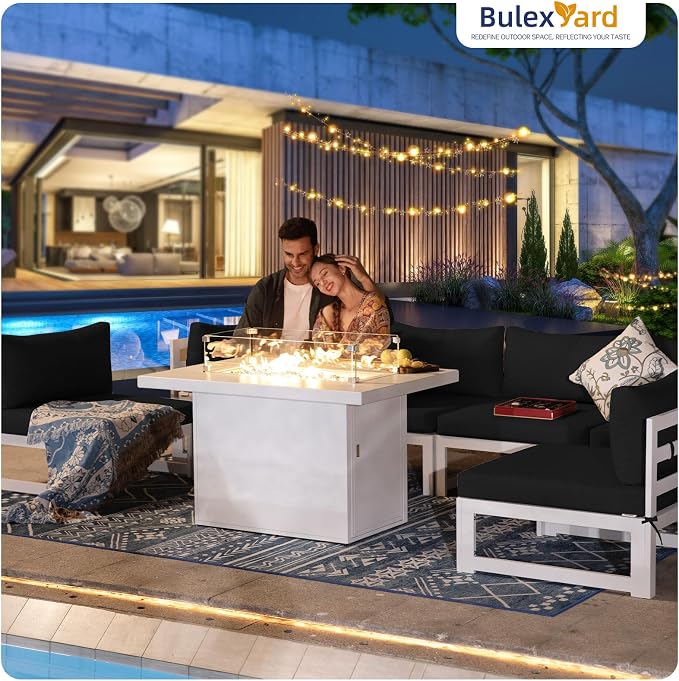 BULEXYARD 7 Piece Luxury Aluminum Outdoor Sectional Sofa with Fire Pit Table, Oversized L Shaped Patio Furniture Set, 29 inch Deep Wide Seating, 500 lbs Heavy Duty Conversation Set for Backyard, Black