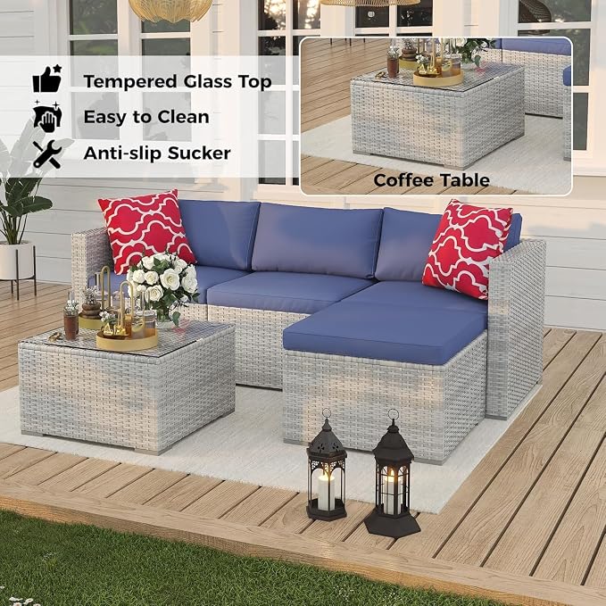 GarveeLife 5-Piece Outdoor Patio Rattan Wicker Sofa Set, PE Rattan Conversation Sectional with Thickened Back Cushion, Glass Tabletop, Ottoman - Ideal for Courtyard Space, Blue