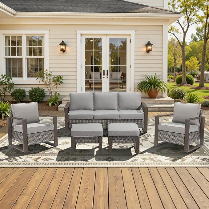 5-Piece Outdoor Patio Furniture Set with Rattan Chairs, All-Weather Wicker Sofa Set for Garden, Yard, Porch and Poolside Seating, Grey/Grey