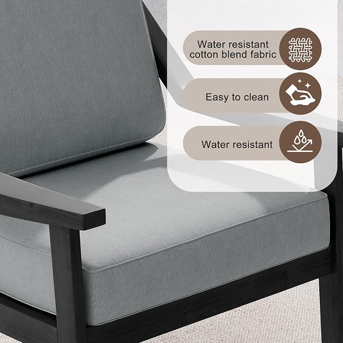 Outdoor Patio Furniture Set, 2 Piece Outdoor Patio Sofa Armchairs with Washable Thick Cushions, All-Weather Solid Wood Patio Bistro Set for Porch, Balcony, Black Frame & Gray Cushion