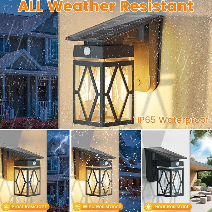 2 Pack Solar Porch Lights Outdoor with Dusk-to-Dawn Motion Sensor | 200LM 3000K Warm White, E26 ST58 Bulb, Classic Lantern Design, 3 Lighting Modes, IP65 Waterproof for Porch, Garage & Patio