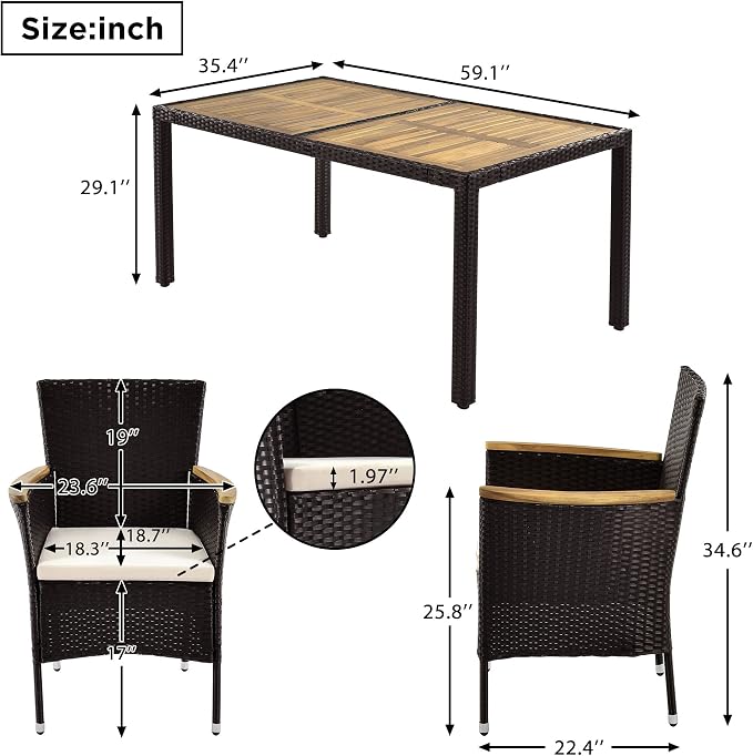 7-Piece Outdoor Patio Dining Set, Garden PE Rattan Wicker Dining Table and Chairs Set, Acacia Wood Tabletop, Stackable Armrest Chairs with Cushions (Brown ~009)
