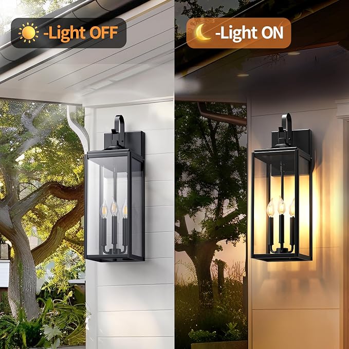 24" Extra Large Outdoor Wall Light 2 Packs, Exterior Lighting Fixtures | Black Outdoor Porch Lantern Wall Mounted, Waterproof Modern Outside Wall Sconce, E12 3-Light Coach Lamp for House Garage