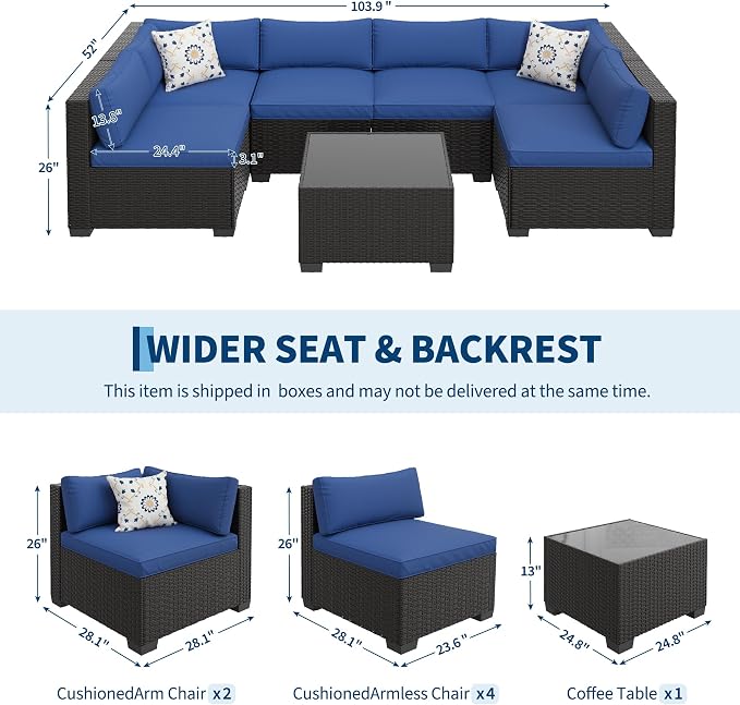 GarveeHome 7-Piece Modular Outdoor Patio Set, Sectional Rattan Wicker Sofa with Water-Resistant & Washable Thick Blue Cushions, Includes Coffee Table, Black Frame for Garden, Deck, Poolside