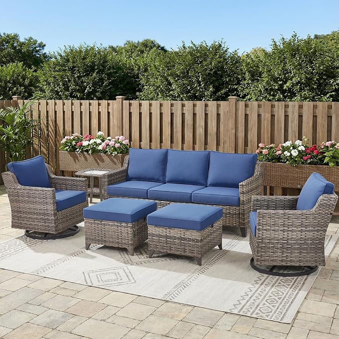Belord Patio Wicker Swivel Rocker Patio Chairs with Side Table and 3-Seater Sofa, Outdoor Rattan Chairs for Deck Porch Garden, 6 Piece Luxury Patio Furniture Set, Blue