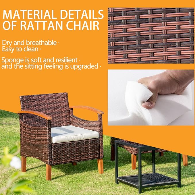 3 Pcs Outdoor Patio Furniture Sets, Outdoor Patio Rattan Chair with Side Coffee Table, Conversation Set Outdoor for Yard Garden Backyard Lawn (Brown)
