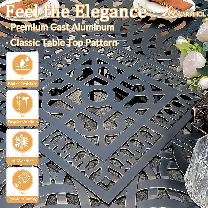 9 Piece Outdoor Patio Dining Set for 8, Cast Aluminium Large Square Dining Table & 8 Swivel Rocker Chairs with Removable Cushions, Umbrella Hole, Patio Furniture Set for Garden, Navy Blue