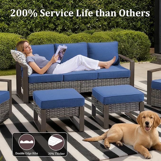 5-Piece Outdoor Patio Furniture Set with Swivel Chairs, All-Weather Wicker Sofa Set for Garden, Yard, Porch and Poolside Seating Grey/Blue