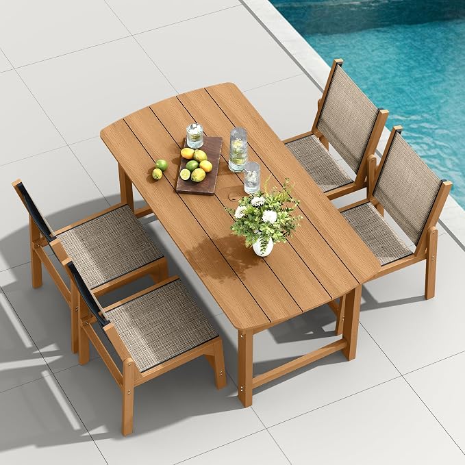 HDPE Outdoor Patio Dining Set with Table & 4 Stackable Armless Textilene Chairs, All-Weather 5-Piece Dining Table Set with Umbrella Hole, Patio Furniture for Garden, Poolside, Backyard, Deck | Teak