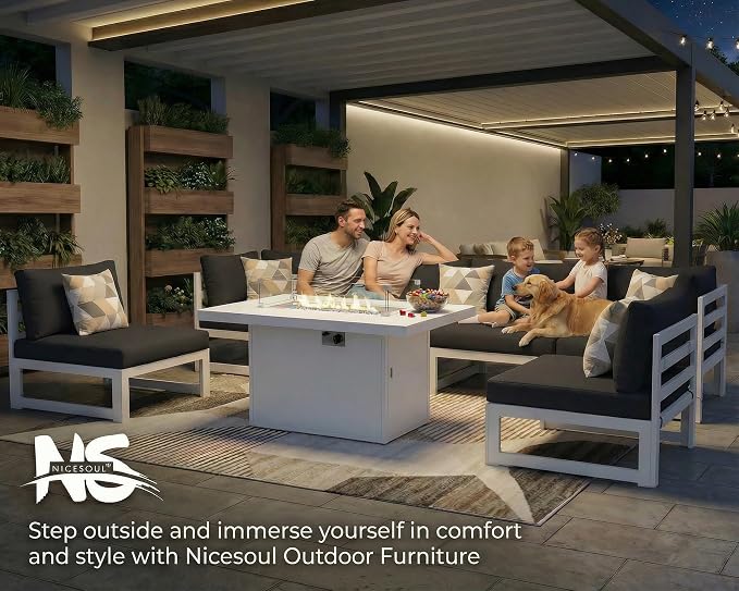 NICESOUL 7 Piece Luxury Aluminum Outdoor Sectional Sofa with Fire Pit Table, Oversized L Shaped Patio Furniture Set, 29" Deep Wide Seating, 500 lbs Heavy Duty Conversation Set for Backyard Deck, Black
