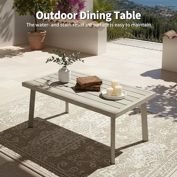 Outdoor Coffee Table, Never-Rust Aluminum Patio Table with Wood Grain Texture, Modern Rectangle Slatted Garden Side Table for Porch, Deck, Balcony, Indoor & Lawn (Taupe)
