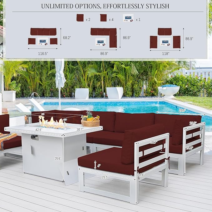 BULEXYARD 6 Person Oversized Modular Aluminum Outdoor Furniture Set with Fire Pit Table, 29 inch Deep Wide Sectional Seating, 500 lbs High Weight Capacity Patio Conversation Set for Garden, Burgundy