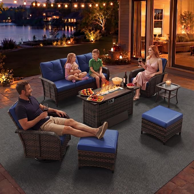 Aoxun 9-Piece Patio Furniture Set with 44” Fire Pit Table, Wicker Outdoor Sectional Sofa with High Back Swivel Rocker Chairs, Outdoor Patio Furniture Set with Thick Cushions & Ottoman, Blue