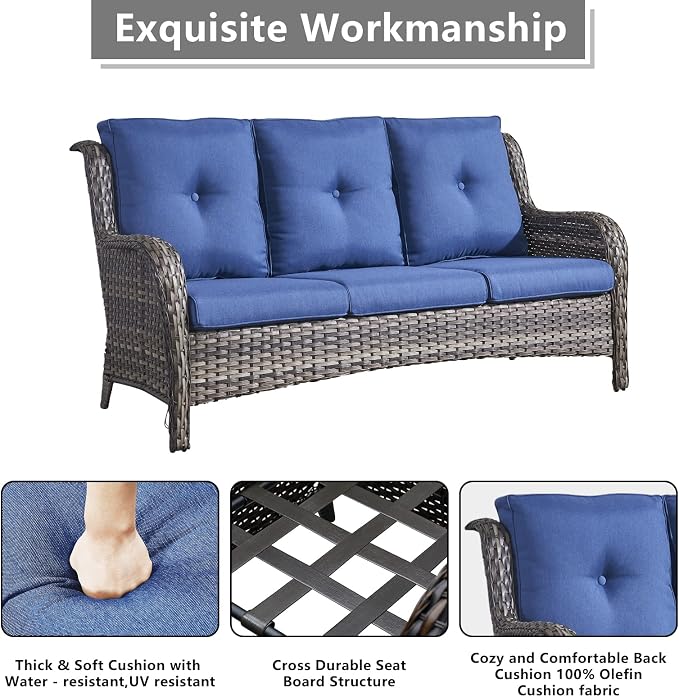 Rilyson Wicker Patio Furniture Set - 5 Piece Rattan Outdoor Sectional Conversation Sets with 2 Rocking Swivel Chairs,2 Ottomans and 1 Sofa for Porch Deck Garden(Mixed Grey/Blue)