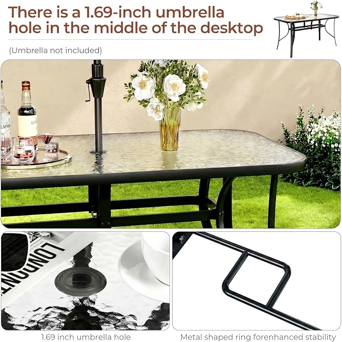TLSUNNY Patio Outdoor Table W/ 1.69″ Umbrella Hole, 30"X 55" Rectangular Tempered Glass Patio Dining Table for 6, Outdoor Metal Furniture, All-Weather Use, for Patio, Graden, Backyard (Black)