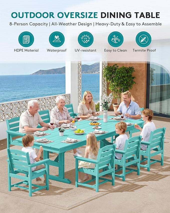 SERWALL 9 Piece 84" HDPE Outdoor Dining Set for 8 with Armchairs, Aruba | All Weather HDPE Material and Pre-drilled Umbrella Hole