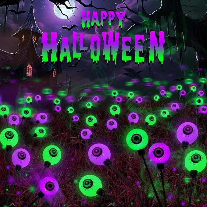 6 Pack Solar Halloween Decorations Outdoor 36 LED Solar Eyeball Lights | Purple and Green Halloween Lights, Sway by Wind, IP65 Waterproof, 2 Modes, for Pathway Garden Yard Lawn Horror Party Decor